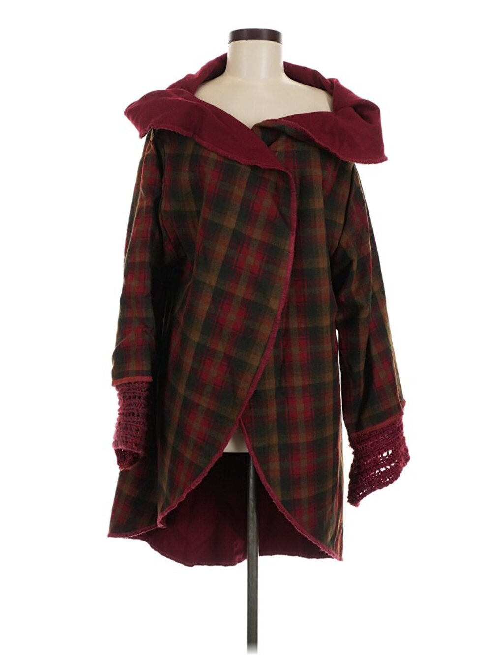 Women’s Plaid Hooded Asymmetrical Jacket Burgundy Olive Boho Cottagecore L